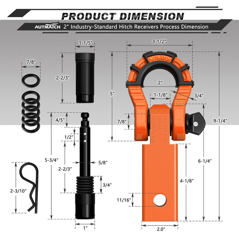 AUTMATCH Shackle Hitch Receiver 2" with 3/4" Mega D Ring