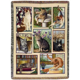 Manual Tapestry Throw with Fringe, Kitty Korner, 47 X 60-Inch