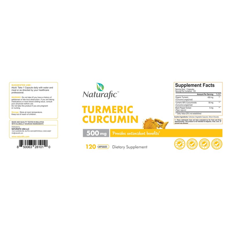 Turmeric Curcumin with Piperine Capsules - 500mg per Capsule,120 Count