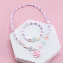 HWJQ 2Pcs Flower Beaded Necklace Bracelet Set for Women Cute Daisy Sweet Necklace Adjustable Elastic Ball Bead Bracelet Flower Jewelry Gift