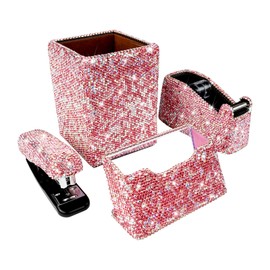 Bling Crystal Luxury Handmade Diamond Pencil Pen Pot Holder & Stapler & Card Holder & Desktop Tape Dispenser Office Stationery Kit for Fashion Girls Women (Pink Square)