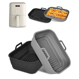 Collapsible Air Fryer Silicone Liners 2-Pack for Bella 4Qt Slim Air Fryer(3.3lb Capacity), Reusable Airfryer Silicone Pot Rectangle, Non-stick Baking Basket Insert for Air Frier Accessories,Gray+Black