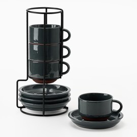 JIEMEI HOME Porcelain Stackable Cappuccino Cups with Saucers and Metal Stand, 7 Ounce Espresso Cups for Latte Coffee Cafe, Specialty Coffee Drinks, Cappuccino and Tea - Set of 6, White