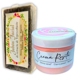 Kit Crema Rosita de Obregón y Jabón Natural Tepezcohuite 100gr Protección Solar 15 con Rosas Colágeno Células Madre + Aclarante, Antimanchas, Antiacné.