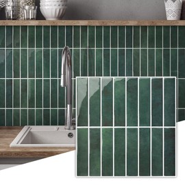 Commomy Forest Green Peel and Stick Tile Backsplash - 10 Pcs of 12'' x 12'' Vertical 3D Peel and Stick Backsplash for Kitchen and Bathroom Interior Wall Tile(Glossy Surface, Covers 10 sq.ft)
