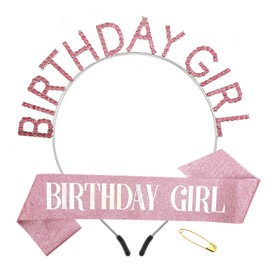Birthday Girl Sash and Headband Pink Glitter Birthday Sash Fashion Headband for Birthday Girls Birthday Party Accessories for Women and Girls