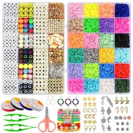 6000+ Cuentas De Arcilla para Pulseras,24 Colores Kit para Hacer Pulseras y Collares con Cuerda,Manualidades Fabricación de Joyas Decoración,Kit de DIY Bisuteria de Collar y Aretes para Adultos,Regalo