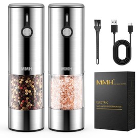 [Upgraded 66g Large Capacity] Electric Salt and Pepper Grinder Set of 2, Rechargeable with 6 Level Adjustable Coarseness, Stainless Steel Automatic Salt and Pepper Shakers Refillable with LED light