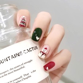 SINHOT Christmas Press on Nails Short Glossy Fake Nails Green Square Full Cover False Nails Glue on Nails with Cute Snowman Designs for Women and Girls 24 pcs