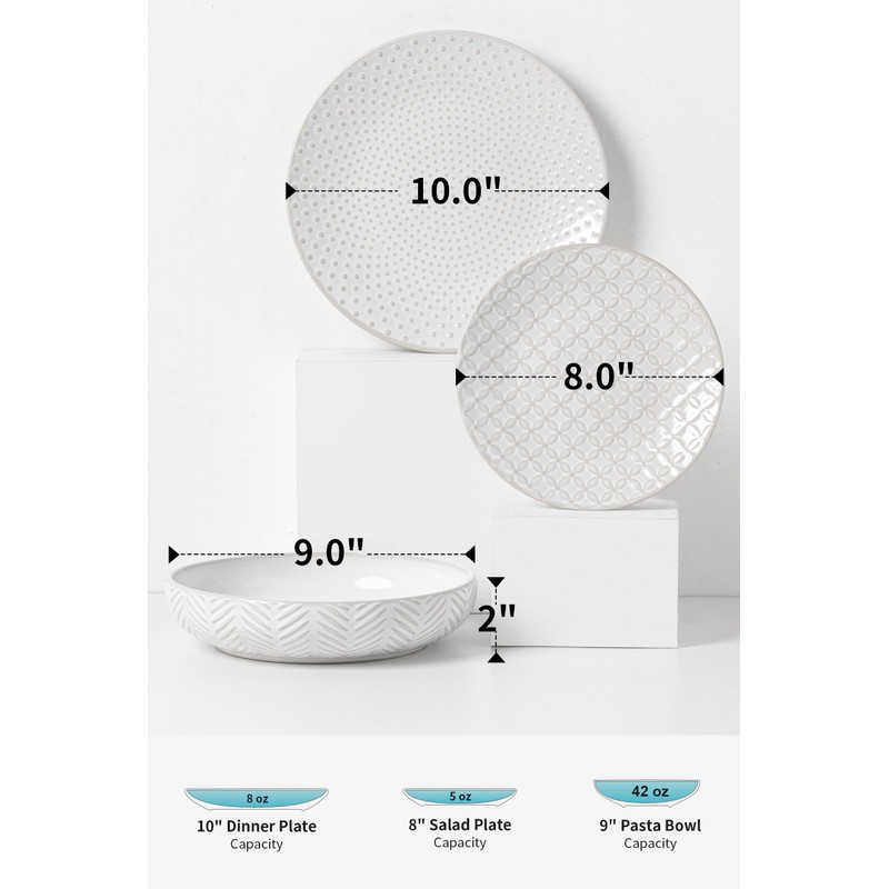 FOBENTA 18-Piece Embossed Ceramic Dinnerware Set–6 Dinner Plates,6 Salad Plates,6