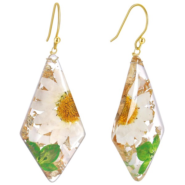 Pressed Flower Handmade Earrings Dangle Geometric Rhombus Sterling Silver Stud