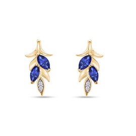 Marquise Cut Simulated Blue Sapphire & White Natural Diamond Accent Wheat Leaf Drop Earrings for women In 14K Yellow Gold Over Sterling Silver