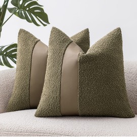 SINYASAN 22"x22" Moss Green Boucle Pillow Covers with Faux Leather Accents Set of 2 Fluffy Textured Decorative Throw Pillow Cases for Couch Bed Boho Farmhouse Square Cushion Covers for Home Décor