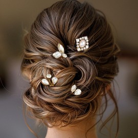 HEREAD Crystal Bride Wedding Hair Pins Gold Pearl Bridal Hair Pieces Rhinestones Hair Accessories for Women and Girls (Pack of 4) (Gold)