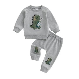 WZTYYDS Toddler Boy Fall Clothes Dinosaur Guitar Embroidery Long Sleeve Pullover Sweatshirt Pants Sets 2Pcs Winter Outfit (Gray, 2-3T)