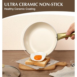 KOCH SYSTEME CS Nonstick Frying Pan with Lid, 10 Inch Non-Stick Skillet with Gold Stainless Steel Handle, Omelet Pan with Nonstick Ceramic Coating, PFOA Free, Induction & Oven Safe, Cream White