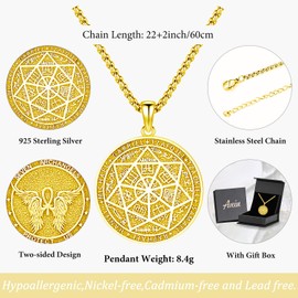 Aniu Gold Sacred Sigil Seal of the Seven Archangels 7 Archangels Necklace for Men Women, S925 Sterling Silver Runes Pendant Medallion Spiritual Protection Amulet Jewelry Gift for Father Mother,22+2inch