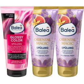 Balea 3er-Set silikonfreie Haarpflege: Professional Conditioner GLOSSY COLOR Farbglanz für coloriertes Haar, 200 ml + Spülung ORIENTAL MAGIC natürlicher Glanz, orientalischer Duft, 2 x 200 ml (600 ml)