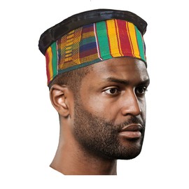 African Hand Woven Kente Kufi Hat with Faux Leather Orange