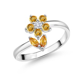 Gem Stone King 925 Sterling Silver Yellow Citrine and White Lab Grown Diamond Flower Open Ring For Women (0.54 Cttw, Gemstone November Birthstone, Available In Size 5, 6, 7, 8, 9)