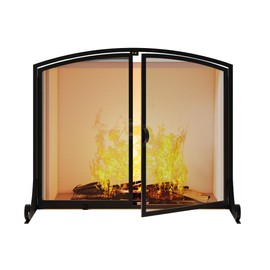 Calidola Fireplace Screen with Doors, 35" W x 28" H, Heavy Duty Solid Steel Frame, Wrought Iron Spark Guard, Baby Proof Fireplace Gate, Decorative Black Safety Screen for Wood Stoves and Fireplaces