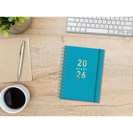 2026 A5 Day Per Page Diary - Blue Spiral Bound Soft Cover Daily Planner Organiser - Wellness Meal & Travel Pages