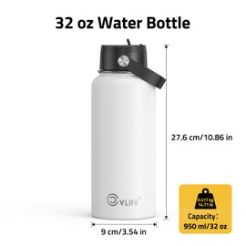CVLIFE 32 Oz Insulated Water Bottle with Straw, Leak Proof Stainless Steel Thermos for Cold and Hot Drinks, Metal Travel Bottles for Gym and Sports (White)​