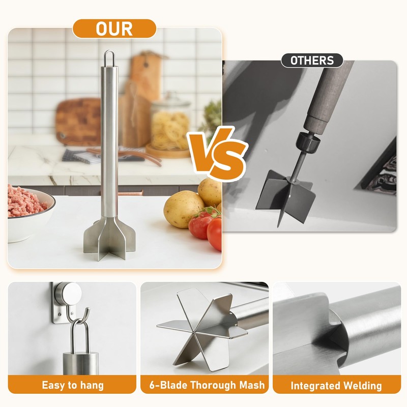 Meat Masher, Stainless Steel Ground Beef Masher 10.8Inch Potato Chopper