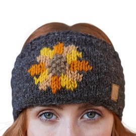Pachamama Women Wool Ear Warmer Headband Fleece Lined Handknitted Sunflower Design Bark One-Size Handmade Fair Trade
