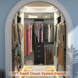 Besiost 4FT Small Closet System with 3 Fabric Drawers, 48'' Closet Organizer System With 3 Adjustable Shelves, Flexible Built-In Clothes Garment Rack for Small Space, 48" L x 13" W x 71" H, Black