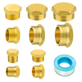 INNAL 11 Pcs Brass Blanking Cap 1/8 1/4 3/8 3/4 1/2 Inch Brass Blanking Caps Brass End Cap Thread Brass Male Cap Hex Brass Cap with Sealing Tape, for Pipe Connecting Conversion