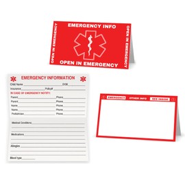 Child Emergency Contact Car Seat Safety Alert Attachment Tag (ICE-101-v2) (RED, Quantity 5 Cards)