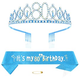 Blue 80th Birthday Crown and Sash Girl 80th Birthday Decoration Rhinestone Birthday Tiara Princess Crown Queen Tiara Birthday Sash Girls 80th Birthday Decoration Party Clothing Accessories,