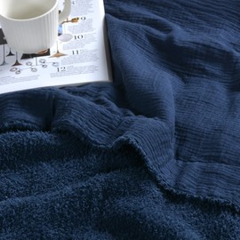 JOOJA Throw Blanket for Couch Bed Soft Blanket Muslin Cotton Blanket Reversible Knit Blanket for Couch Muslin Blanket for Adults Navy Blue 50"x70"