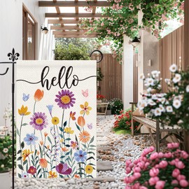 Hello Spring Floral Garden Flag 12x18 Inch Double Sided Colorful Summer Flowers Garden Flag for Outside Festive Holiday Yard Outdoor Decorative Burlap Yard Flag