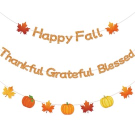 Funrous Happy Fall Thankful Grateful Blessed Banner Glitter Fall Hanging Banner Pumpkin and Maple Leaves Signs Thanksgiving Garland Decorations for Autumn Harvest Party Wall Decor Supplies