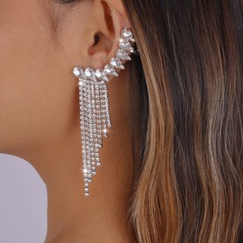 Jumwrit Rhinestone Tassel Earrings Ear Cuff Wrap Earrings Teardrop Climber Crawler Earrings Long Chain Dangle Earrings Chic Stud Earrings for Women Girls, Metal Rhinestone
