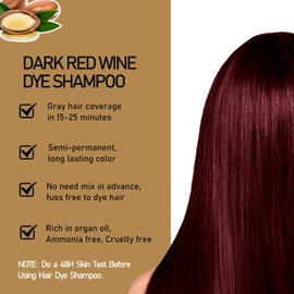 Fvquhvo Dark Red Wine Hair Dye Shampoo for Gray Coverage, Argan Oil Instant Hair Color Shampoo, Semi-Permanent Red Hair Shampoo, Long Lasting Red Hair Dye & Burgundy Hair Dye Shampoo
