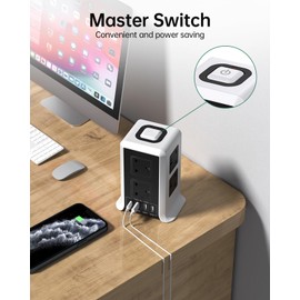 Kemelo Kemelo Tower Extension Lead with 4 USB Slots, 5M Extension Lead with 8 Way Plug Extension Tower, Surge Protected Extension Lead with Switch,Multi Socket Extension Cord for Home, Office