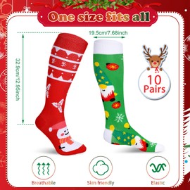 Suhine 10 Pairs Christmas Compression Socks Christmas Long Knee High Socks Christmas Long Socks Holiday Socks for Women Men(Elegant Style)