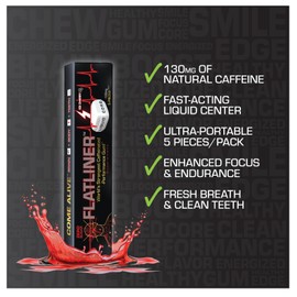 FLATLINER Caffeinated Gum – Zero Sugar Xylitol Gum, 130mg of Natural Caffeine Per Piece, Ice Cherry Energy Gum - 5 Pack - 25 Pieces