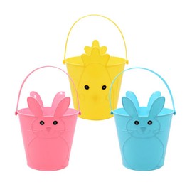 Classic Easter Themed Baskets with Handles Perfect for Egg Hunts & Festive Fun 8.5X7 inches Easter Baskets with Handles Classic Design with Bunny and Chick Icons, Pink Yellow Blue 3 Pack