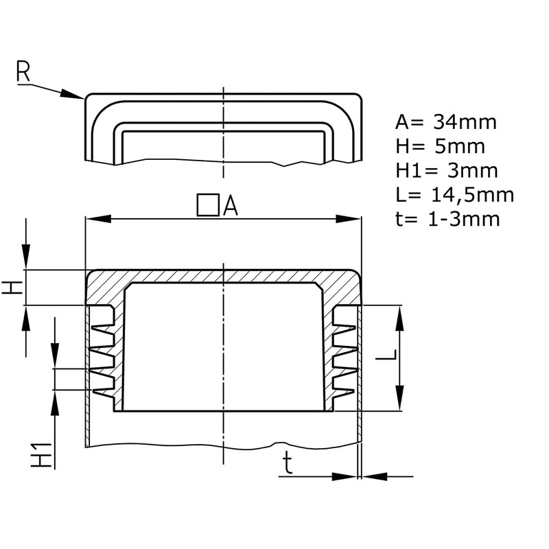 Design61 10 x Square Tube Plugs, Lamellar Plugs, 34 x