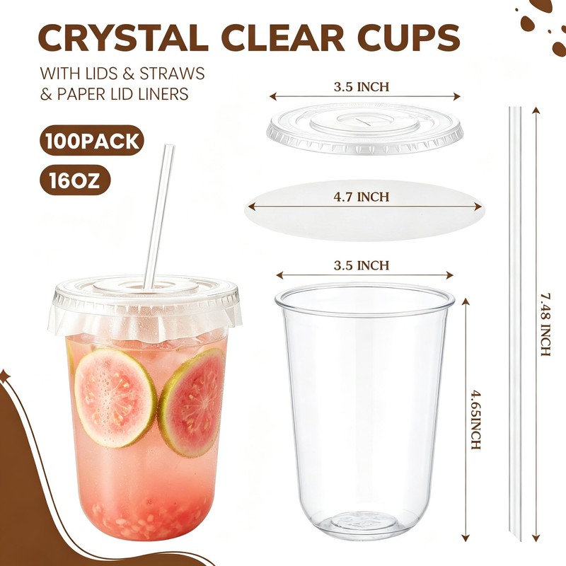 Ziliny 100 Sets Clear Plastic Cups with Lids, Straws, and