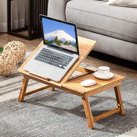 Easy Desk Bamboo Laptop Desk Adjustable Portable Table Lap Tray with USB Cooling Fan Notebook Computer Table Breakfast Serving Bed Tray Foldable and Drawer, 22” Medium Tilting Tray Top Surface