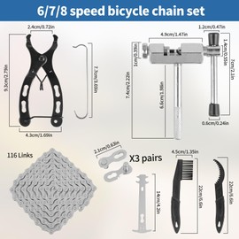 Bicycle Chain - 6/7/8 Speed Bicycle Chain 1/2 x 3/32 Inch 116 Links - Chain Tool Set - Aluminium Alloy - Chain Breaker - for Chain Repair of Mountain Bike, Road Bike (Silver)
