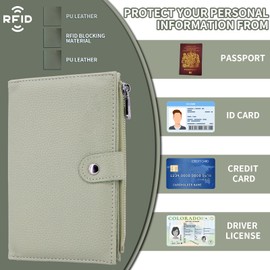 BOYSSPAA Leather Passport Holder Travel Wallet RFID Blocking Anti-Theft Passport Cover Multifunctional Passport Case Zipper and Buckle Design Perfect for Business Trips and Holidays (Green)