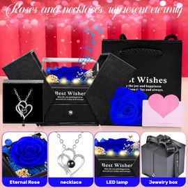 Pasuvsigt Preserved Real Rose with I Love You Heart Necklace 100 Languages with Music&Lights, Romantic Gifts for Women Wife Mom Girlfriend Valentine's Day Mother's Day Birthday Anniversary (Blue)