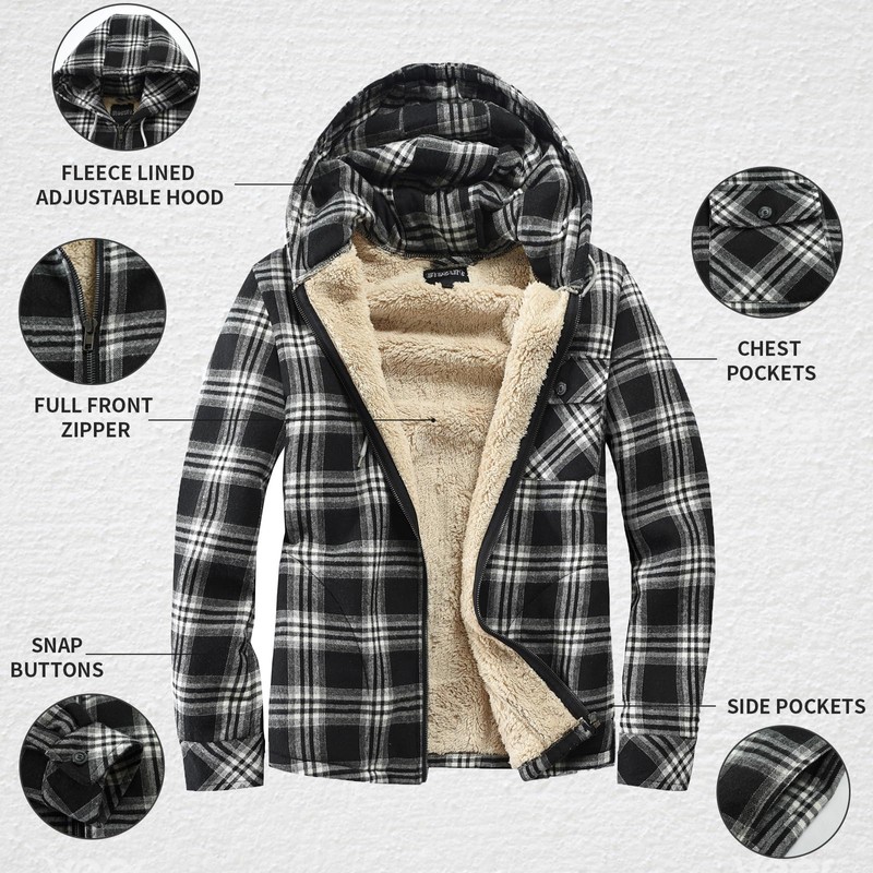 Elesuit Men's Full Zip Fleece Flannel Jackets Shirt Plaid Cotton