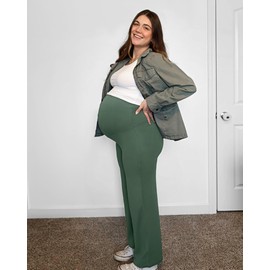 G4Free Pregnancy Pants Over The Bump High Waist Maternity Clothes for Women Strechy Business Casual Lounge Trousers (Gray Sage,XS,32")